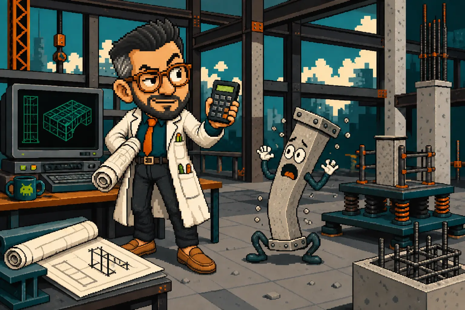 Dottor Sigma e Pino il Pilastro nel laboratorio strutturale arcade